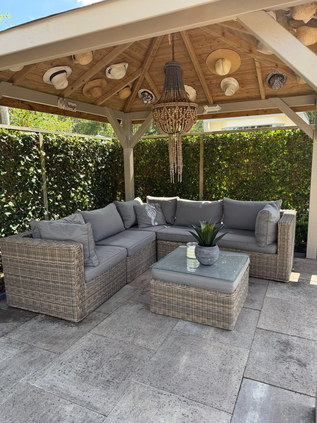 Prachtige Wicker Hoek Loungeset met Tafel en Dikke Kussens, 5 zitplaatsen, Gebruikt, Ophalen of Verzenden, Loungeset