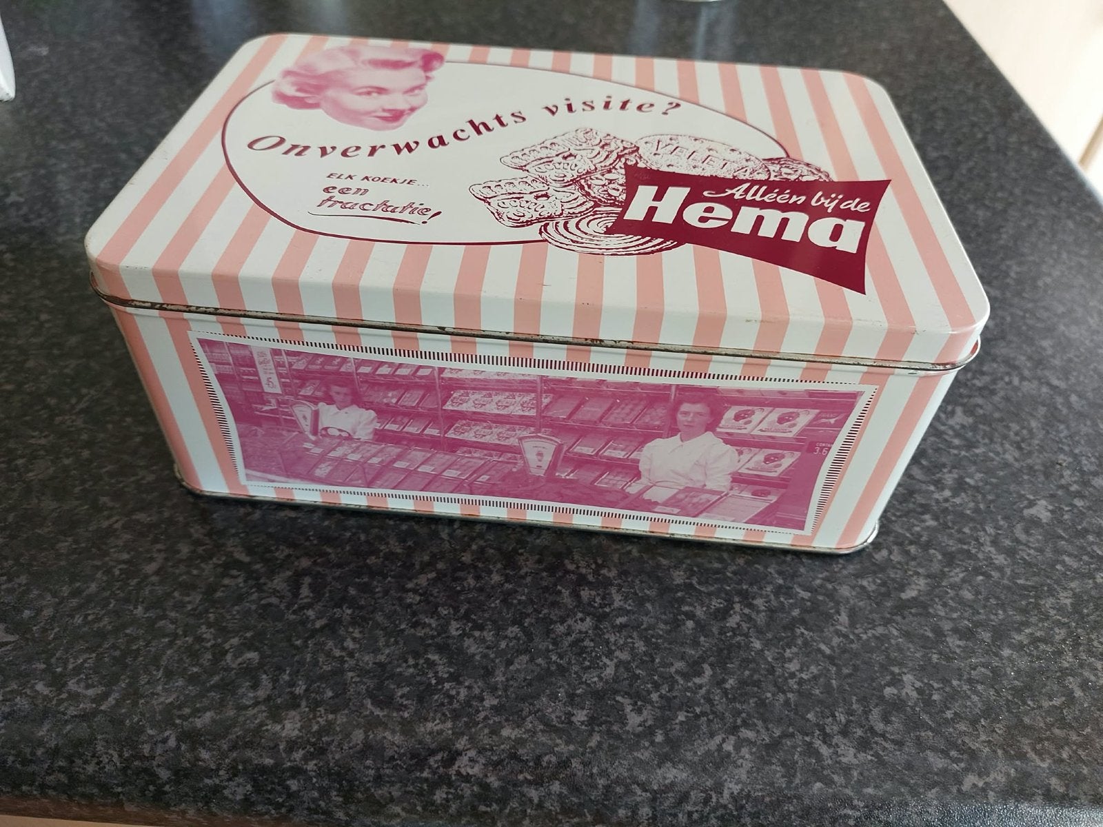 Vintage Hema koekblik - Onverwachts visite?, Ophalen of Verzenden