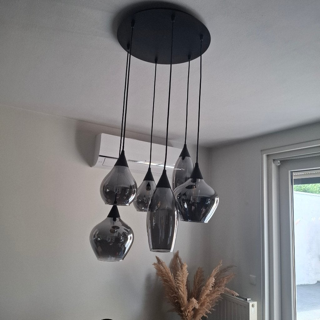 Eetkamer lamp 6 bollen smoke glas, Ophalen, Gebruikt, Glas