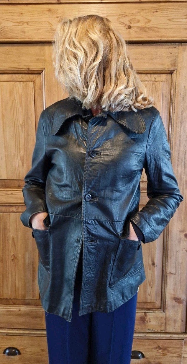 retro vintage 70er jaren zwart stevig leren jasje colbert M, Ophalen of Verzenden, Gedragen, Maat 38/40 (M), Zwart