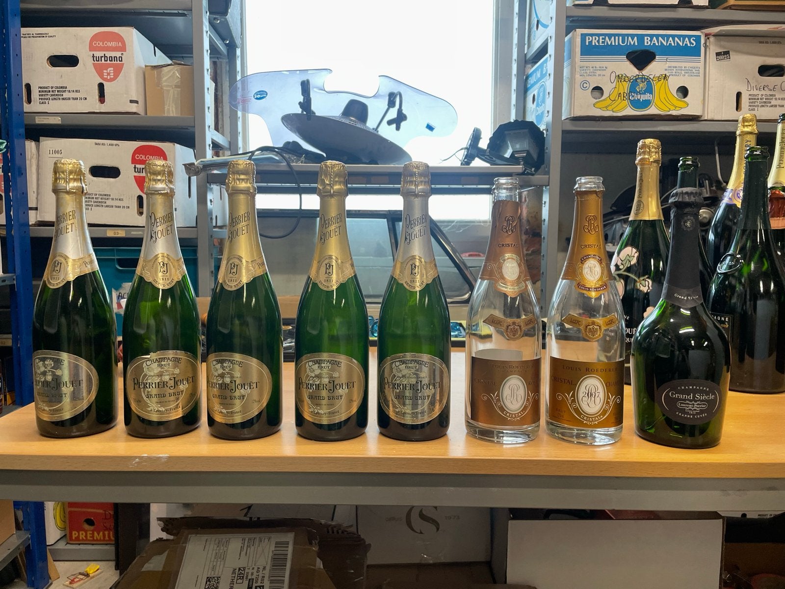 Decoratieve 0,75L champagneflessen - Perrier Jouët, Ophalen of Verzenden, Gebruikt, Groen, Glas
