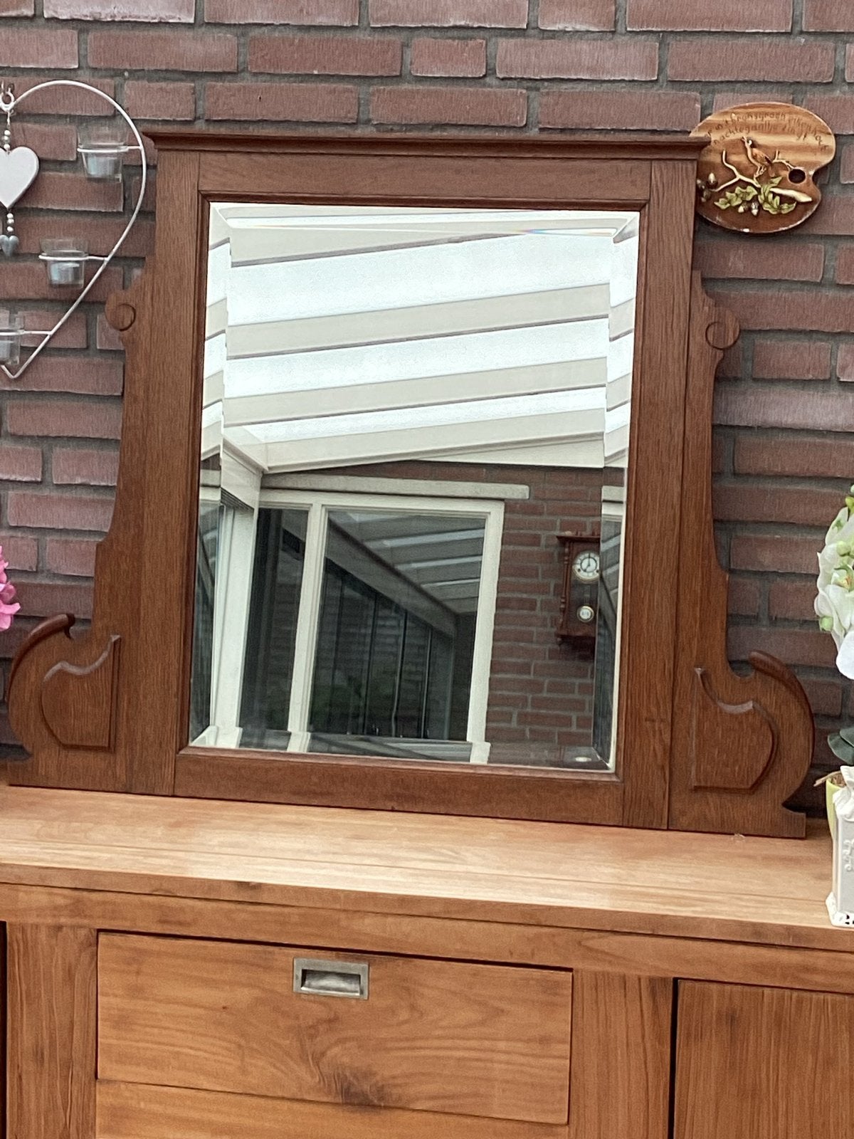 Vintage houten spiegel met facetgeslepen glas, Ophalen, Rechthoekig, 50 tot 100 cm, Minder dan 100 cm