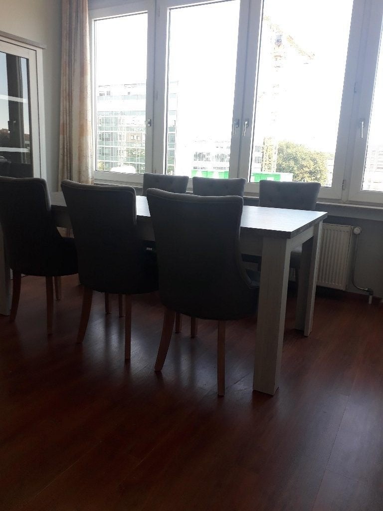 Dining table with 6 chairs – Country style white/oak look, Ophalen, Gebruikt, Nationwide, 50 tot 100 cm