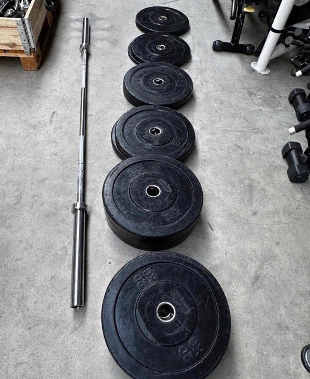 140kg Bumperplates + Olympische Barbell 220cm, Ophalen, Gebruikt, Halterschijven