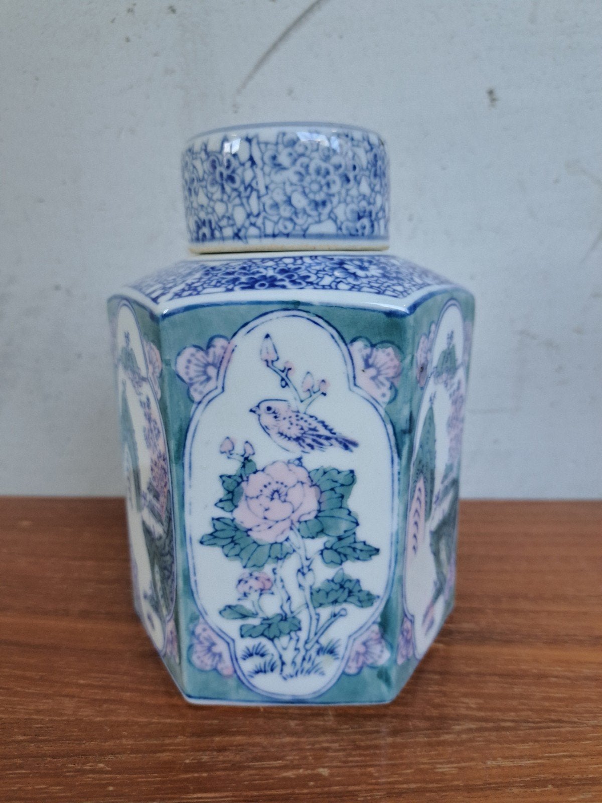 Vintage porseleinen Chinese gemberpot theebus blauw/groen, Ophalen of Verzenden