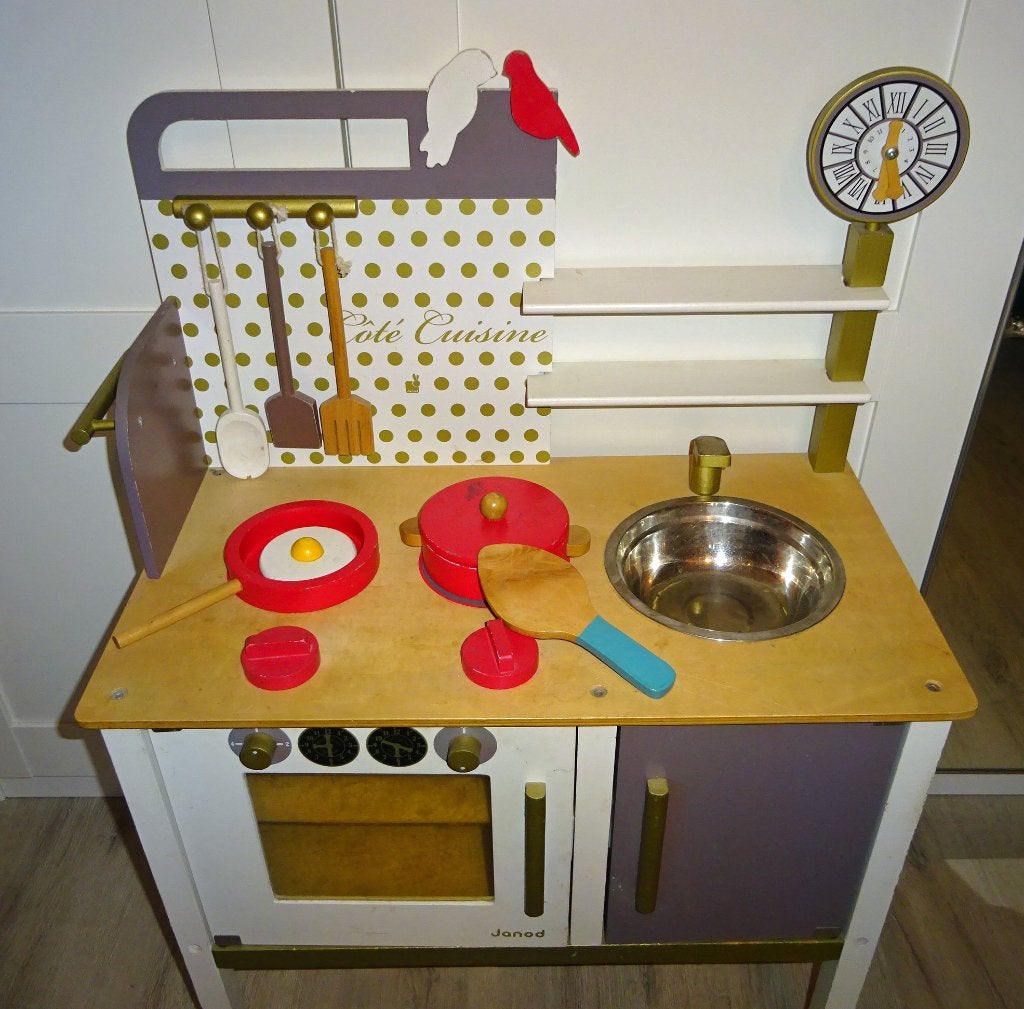 Janod speelkeuken, veel eten, theeservies en winkelwagentje!, Ophalen, Gebruikt, Hout, Speelkeuken
