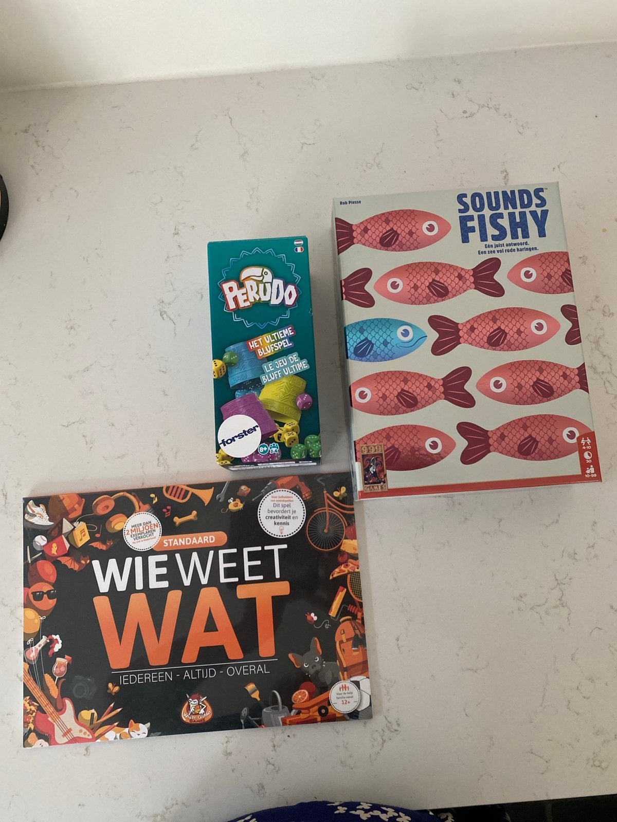 Bordspellen set: Wie Weet Wat, Perudo, Sounds Fishy, nieuw!, Drie of vier spelers, Ophalen of Verzenden, Nieuw