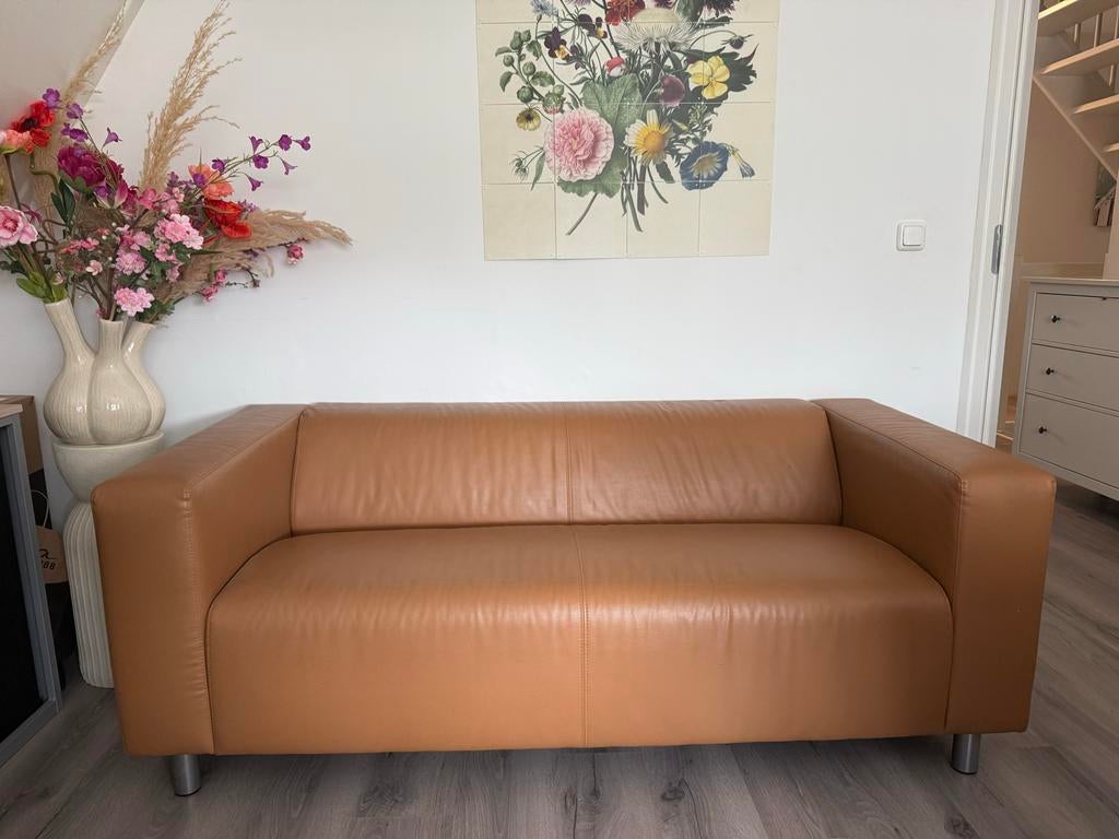 IKEA Klippan bank - 2-zitsbank in bruin leer, Huis en Inrichting, Banken | Bankstellen, Ophalen, Gebruikt, 150 tot 200 cm, Tweepersoons