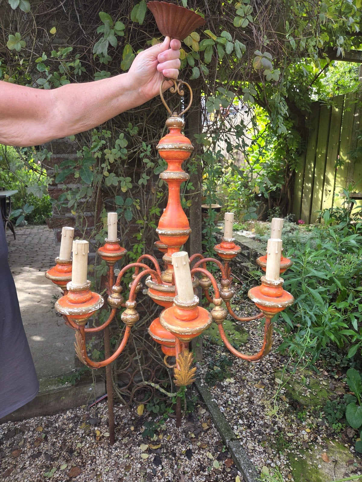 Vintage oranje kroonluchter met 8 armen, Ophalen of Verzenden