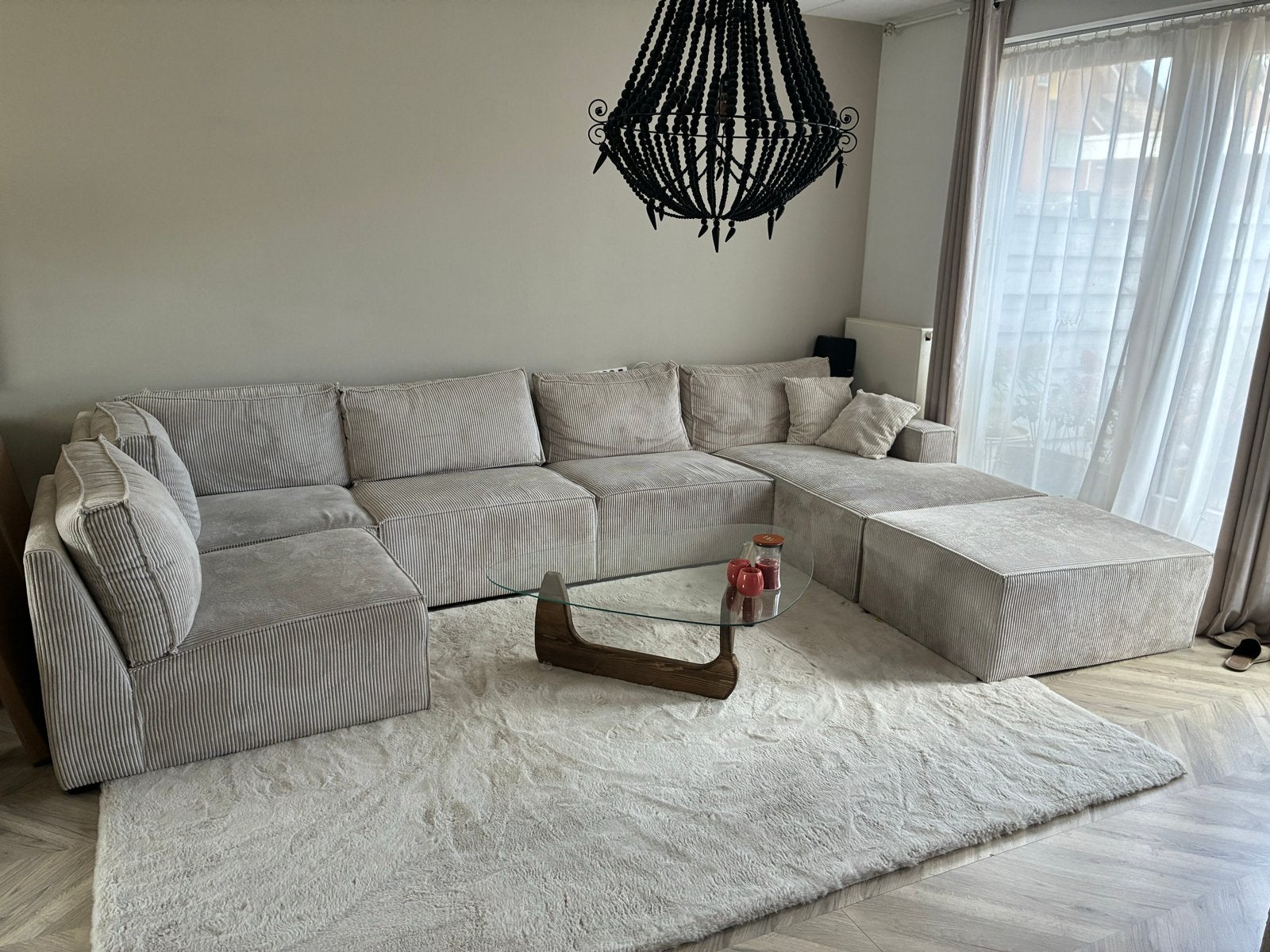 Modulaire Loungebank met Hocker - Wit Ribstof, Ophalen, Gebruikt, Stof