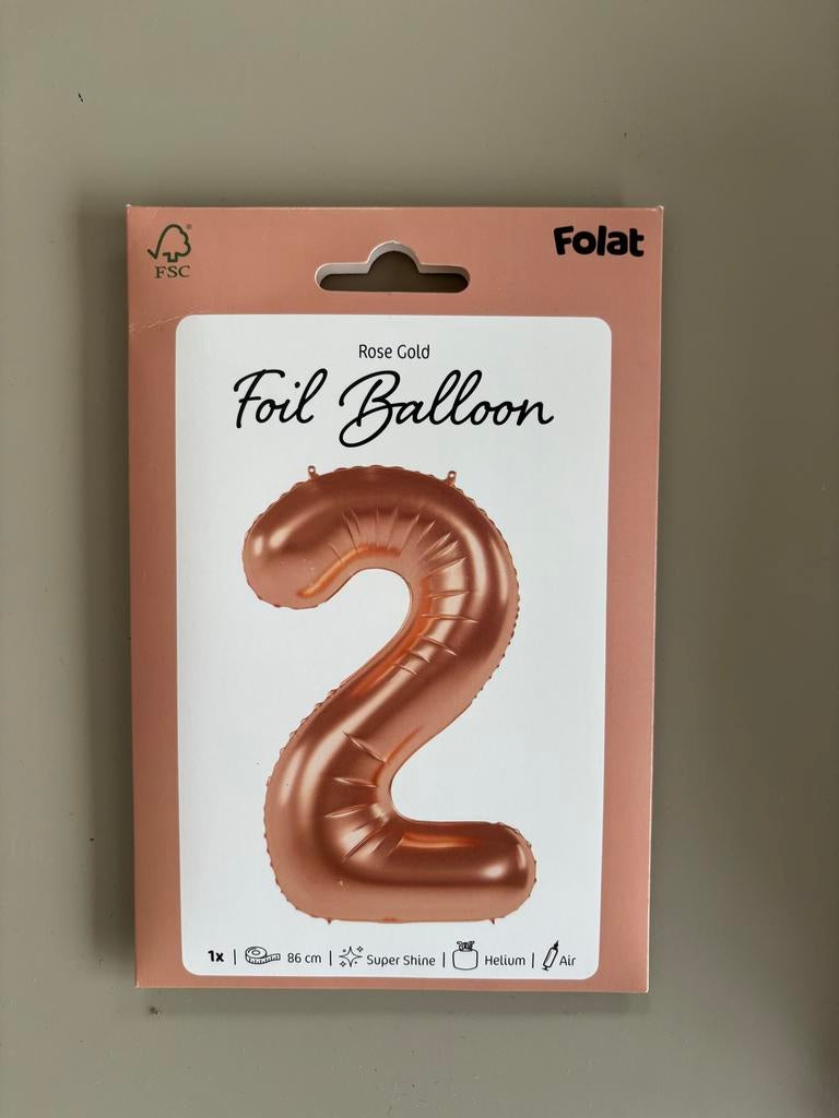 Folieballon cijfer 2 rosegoud, Ophalen of Verzenden, Nieuw, Versiering, Verjaardag