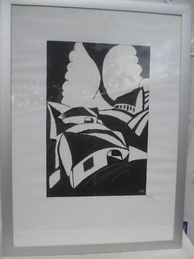 Aparte "voorstudie" van houtdruk Joris Minne, Ingelijst, 1950 - 1999, Stadsgezicht, Ophalen of Verzenden