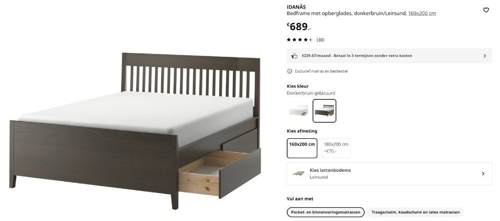 Bed IKEA IDANÄS 160x200, Ophalen, Bruin, Tweepersoons, 200 cm