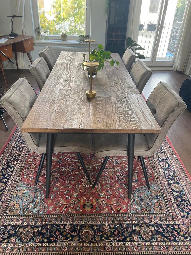 Eettafel Guild industrieel 220x90cm – massief iepenhout, Ophalen, 200 cm of meer, 50 tot 100 cm, Zo goed als nieuw