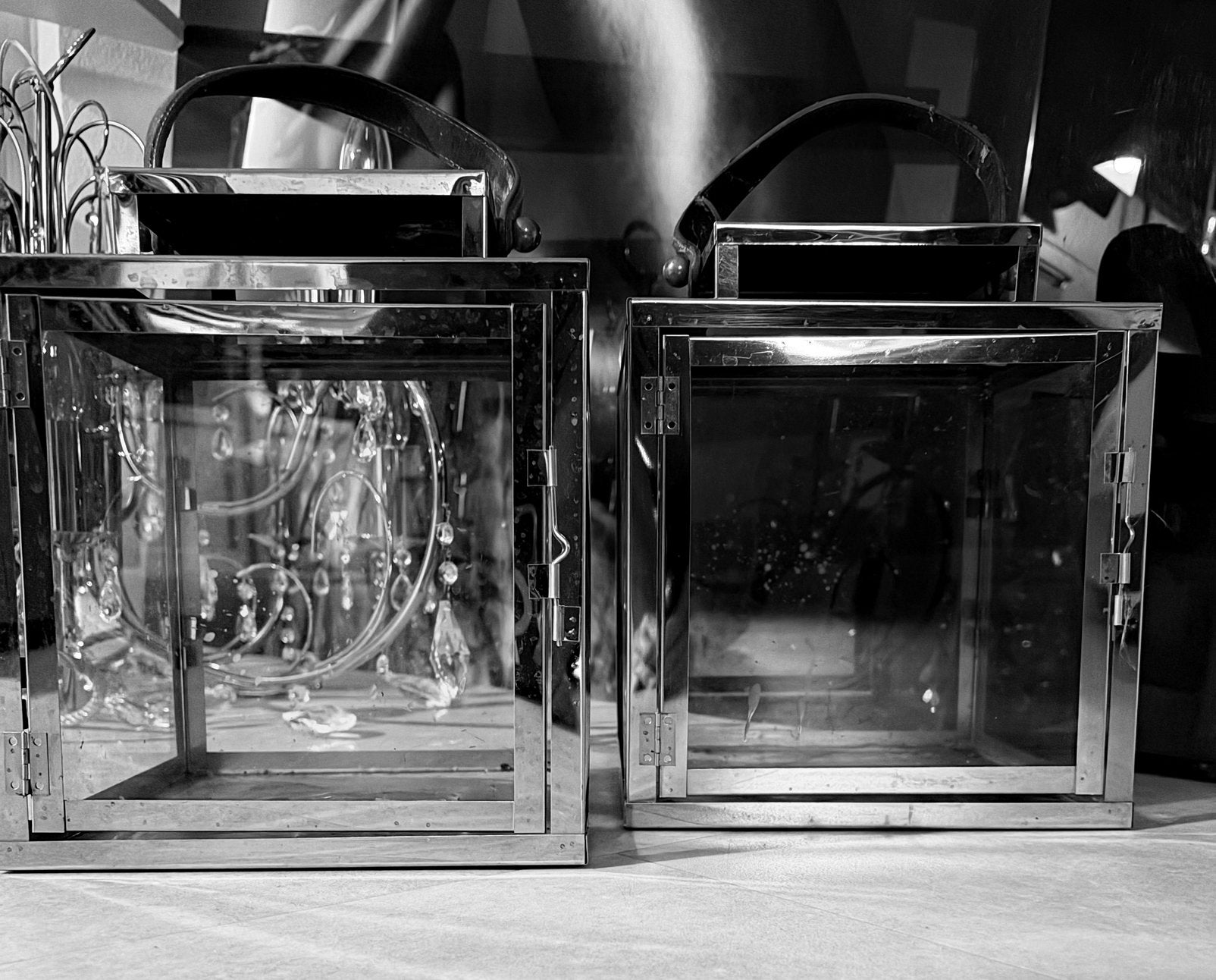 2x Design Vloerlantaarn RVS + Glas met Leren Handvat - Hurri, Ophalen of Verzenden, Zo goed als nieuw