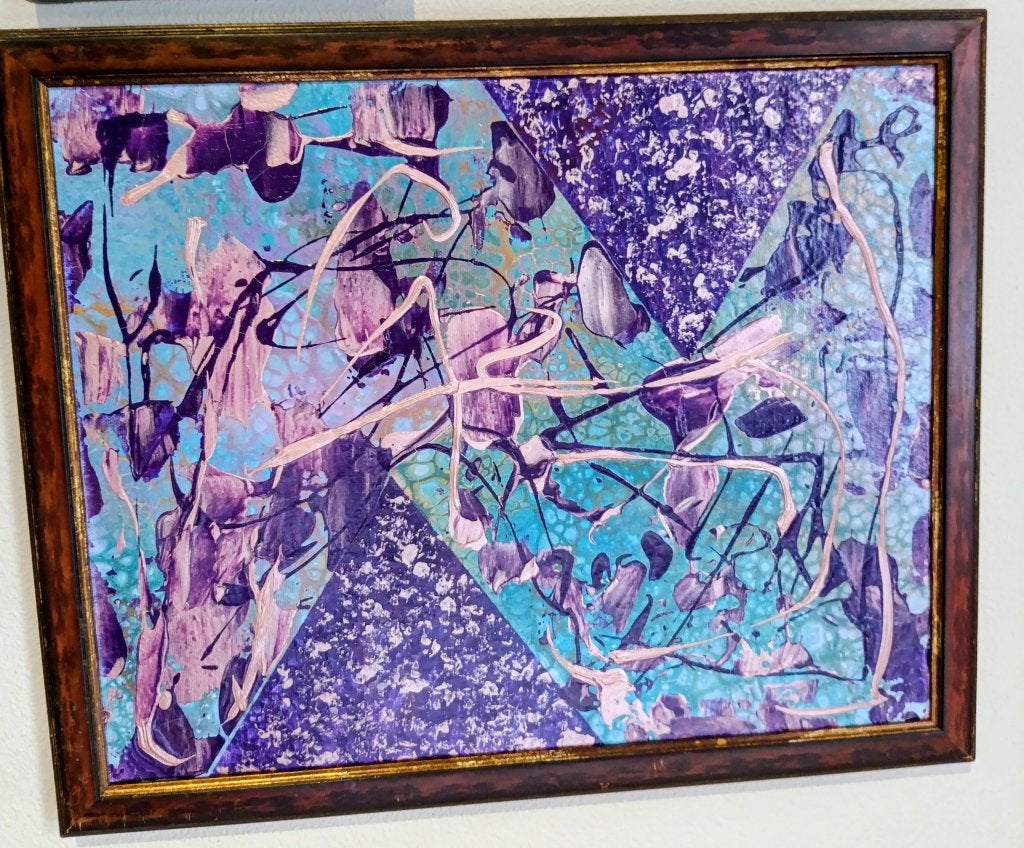 Abstract schilderij in paars en blauw, ingelijst, Abstract, Gelimiteerde oplage, Ophalen of Verzenden, Gemengde techniek