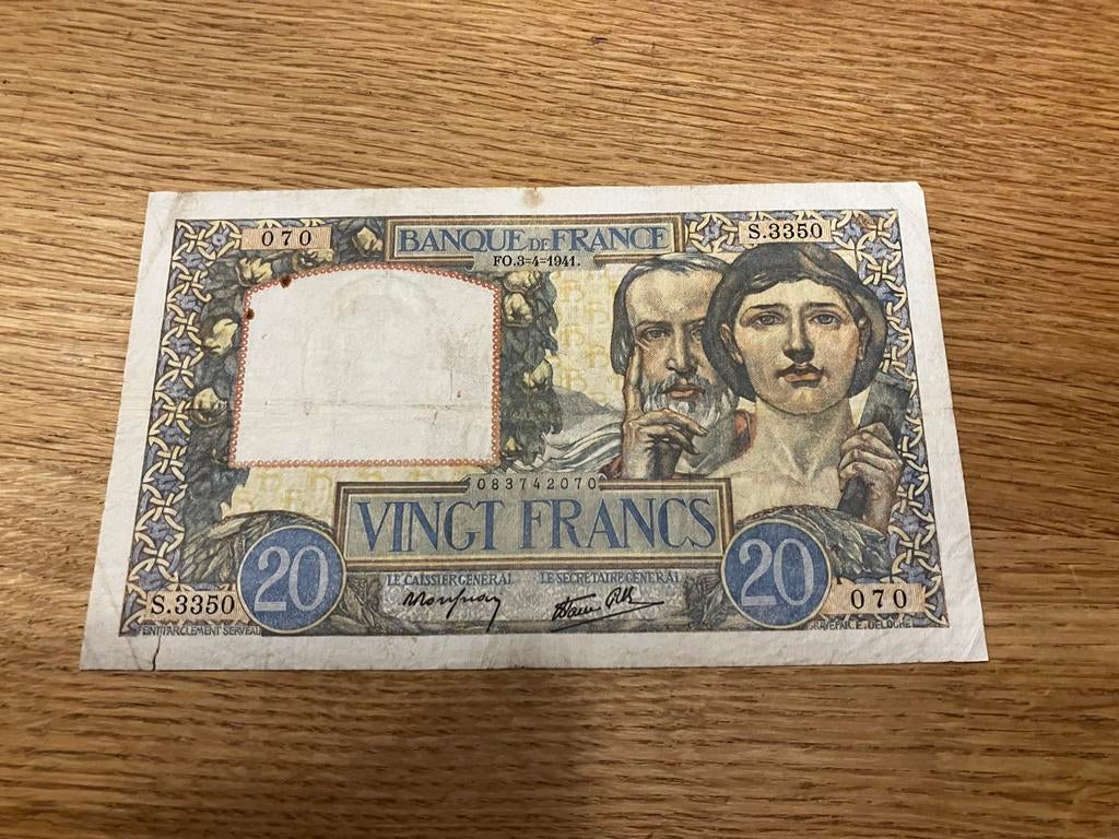 20 francs frankrijk - Science et Travaill - 3-4-1941, Ophalen of Verzenden, Frankrijk