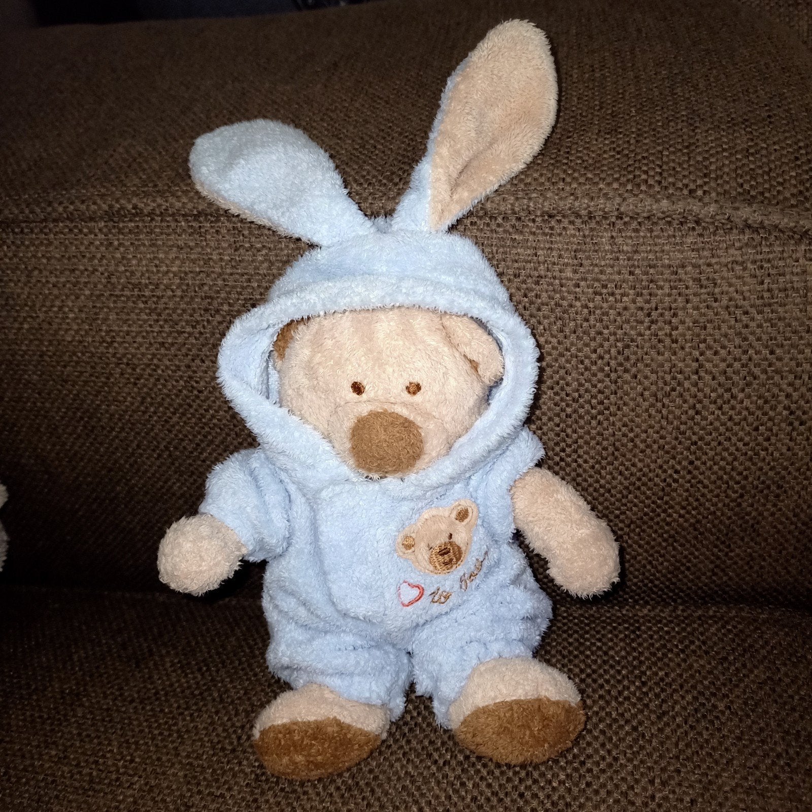 Vintage Ty baby pluffies, love to baby, beer in konijnenpak, Gebruikt, Beer, Blauw, Met kleding of accessoire