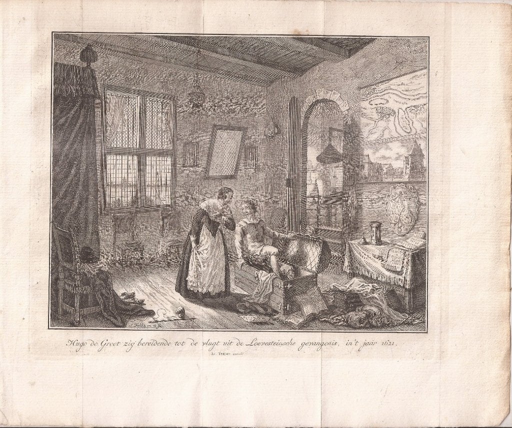 Hugo de Groot vlucht uit Loevesteinsche gevangenis 1621, 19 cm, Ophalen of Verzenden, 15 cm, 1700 - 1799