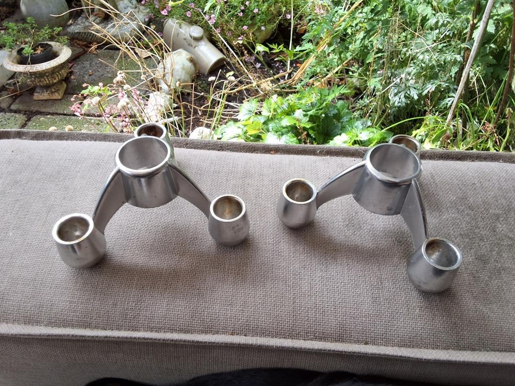 Set van 2 vintage kandelaars, aluminium Scandinavië, Ophalen of Verzenden, Koper of Brons