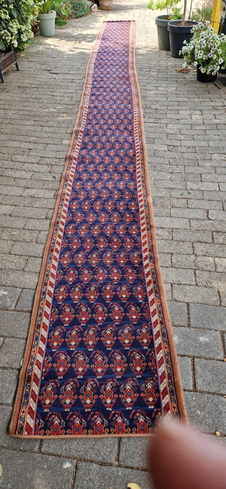 Lange Perzische loper Perzisch tapijt,-Blauw met rood patroo, Huis en Inrichting, Stoffering | Tapijten en Kleden, Ophalen, Minder dan 50 cm