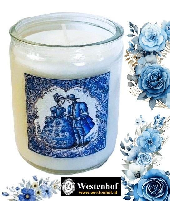 Kaars in glas delfts blauw romantische man vrouw Incl. tas, Overige materialen, Verzenden, Wit, Nieuw