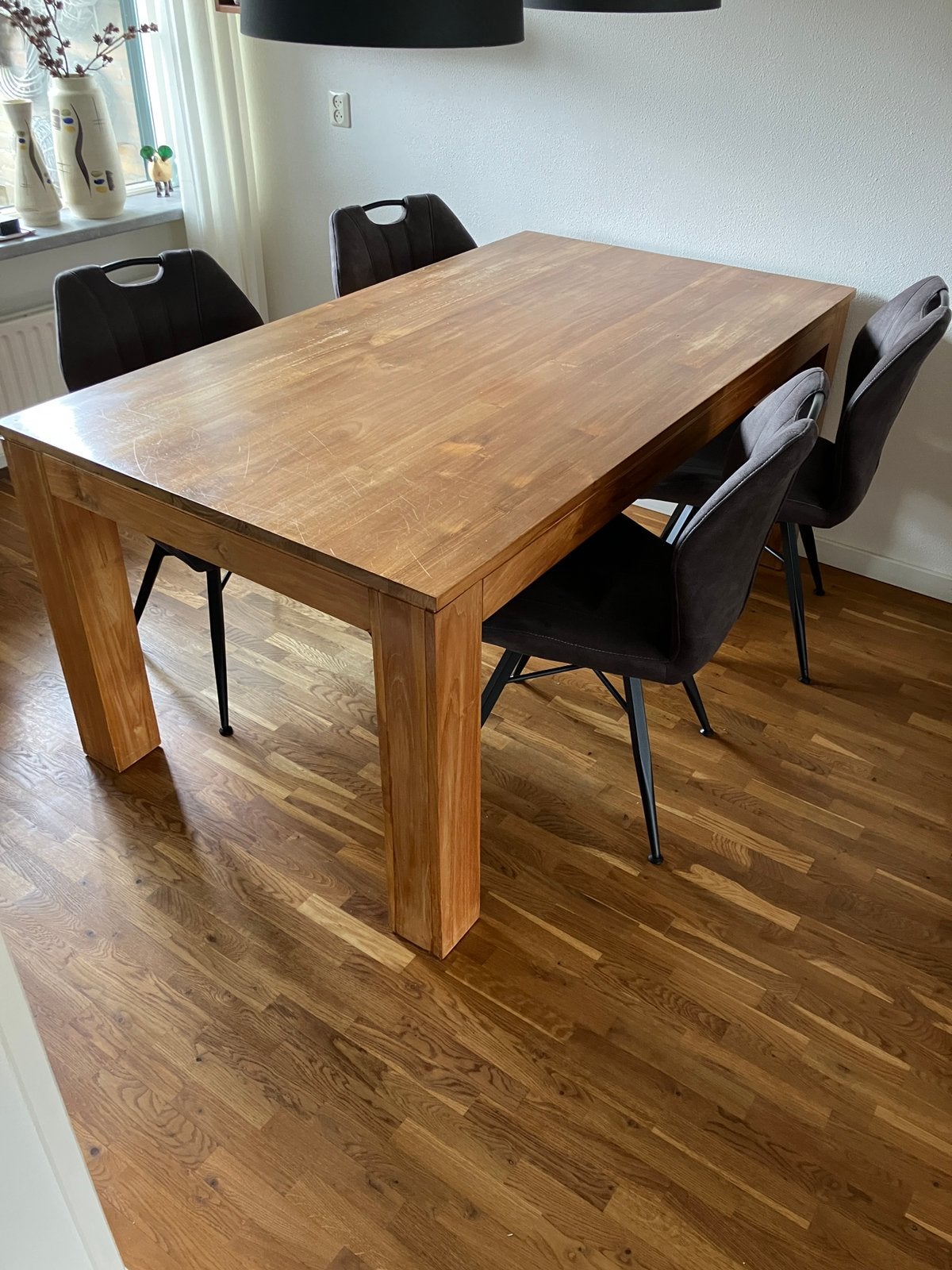 Eettafel + 4 stoelen, Ophalen, Gebruikt, Teakhout, 50 tot 100 cm