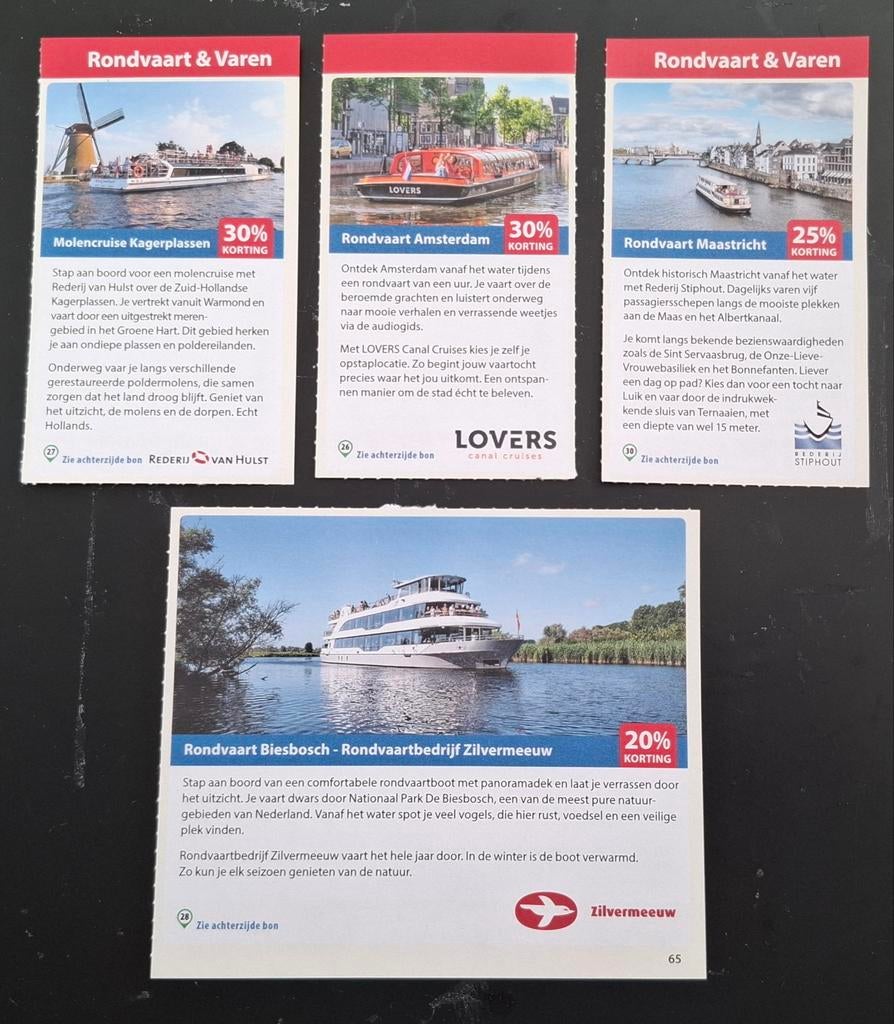 4 kortingsbonnen voor rondvaart en varen, Tickets en Kaartjes, Kortingsbon, Overige typen