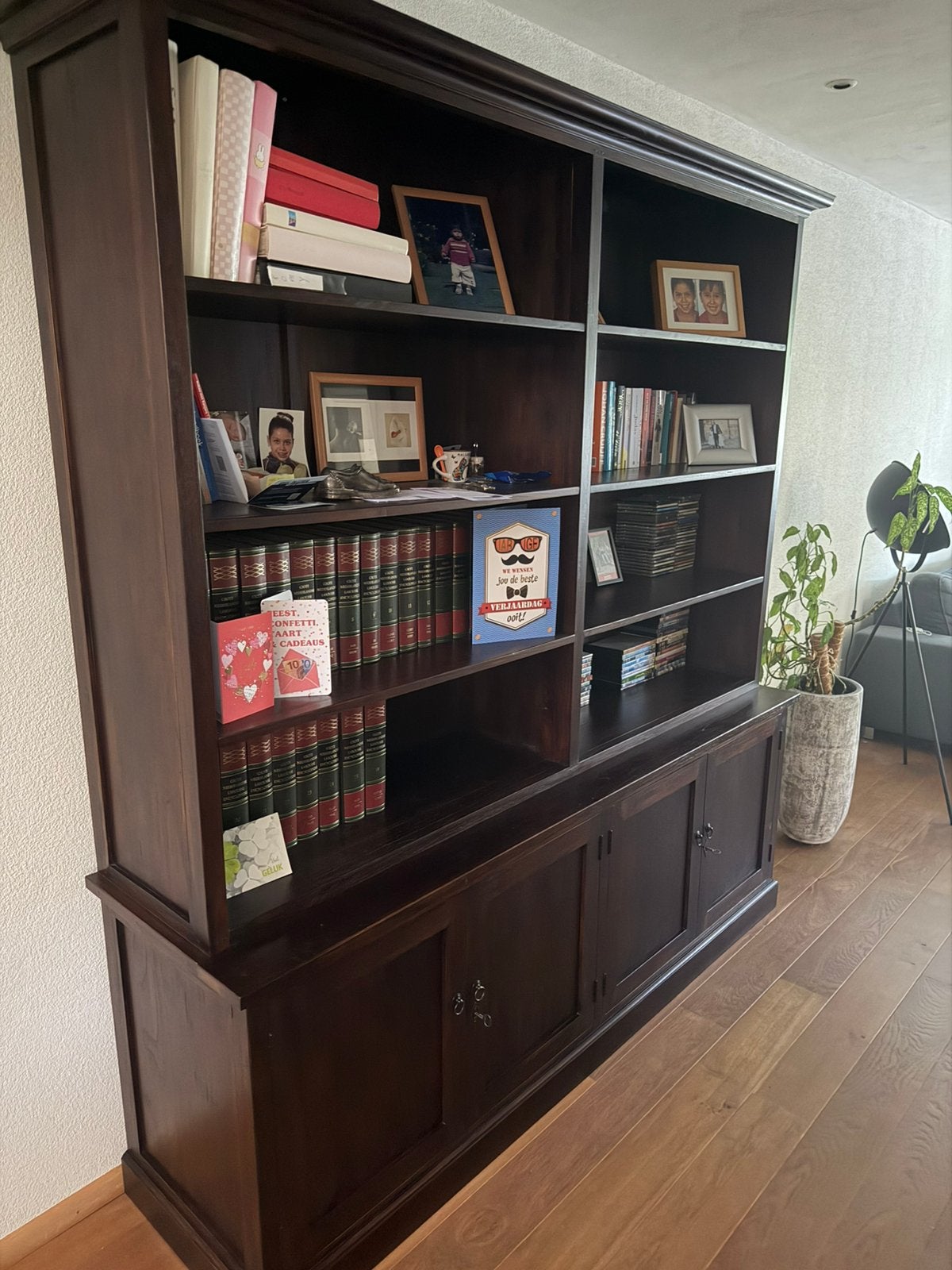 Massief teak houten boekenkast, Ophalen, Met deur(en), 200 cm of meer, 150 tot 200 cm