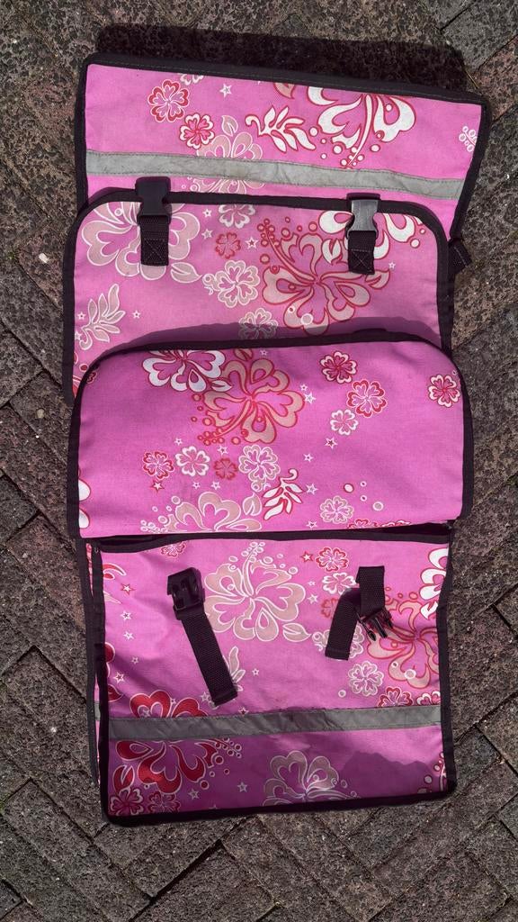 Roze fietstas met bloemenprint, dubbel, voor bagagedrager, Fietsen en Brommers, Fietsaccessoires | Fietstassen, Gebruikt, Ophalen