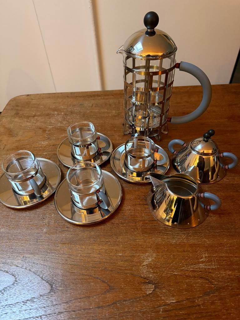 Prachtig koffieset van Alessi en een botervloot, Ophalen of Verzenden, Overige stijlen, Kop(pen) en/of Schotel(s), Glas