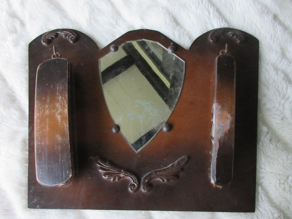 oude houten vintage borstelhouder met spiegel en borstels, Antiek en Kunst, Ophalen of Verzenden