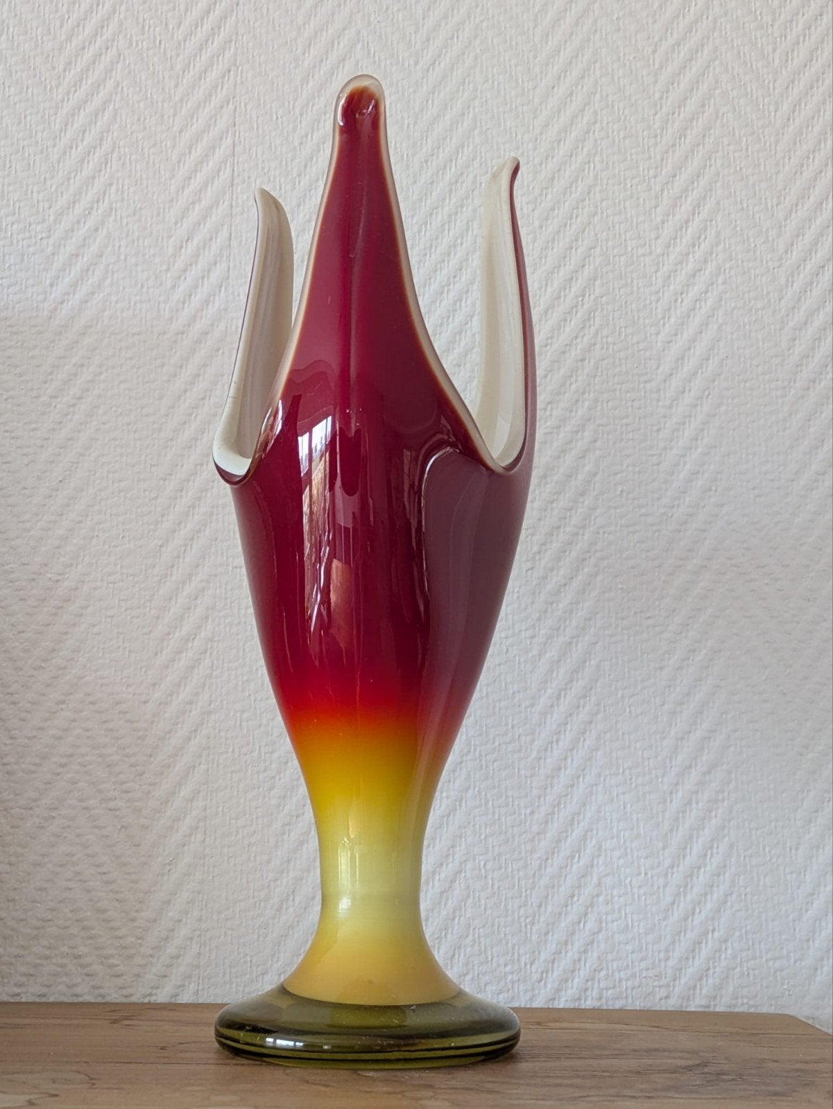 Vintage Murano glazen vaas, rood-geel, handgemaakt, Ophalen