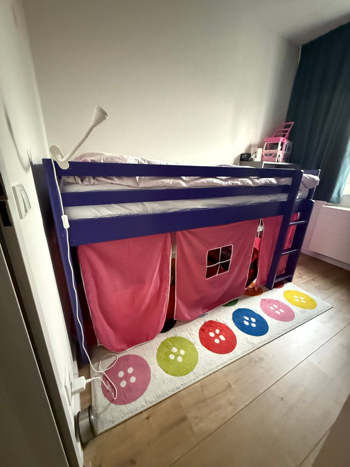 Half hoogslaper met gordijntjes, matras en lattenbode, Ophalen, 85 tot 100 cm, Gebruikt, Hoogslaper of Stapelbed