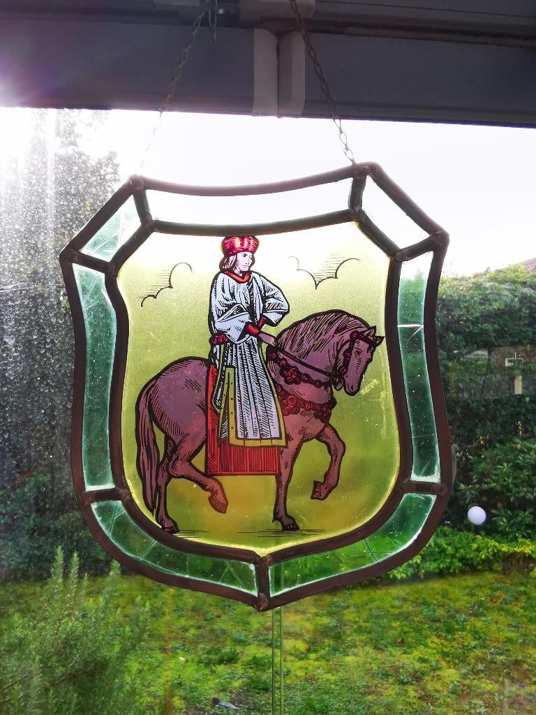 vintage Glas in lood gebrand schilderd raam Ridder te Paard, Ophalen of Verzenden