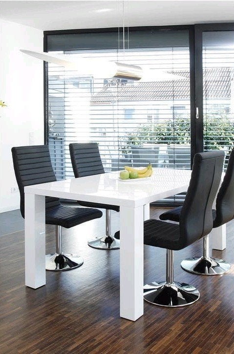 Moderne 5-delige eethoek wit hoogglans met 4 zwarte stoelen, Huis en Inrichting, Ophalen of Verzenden