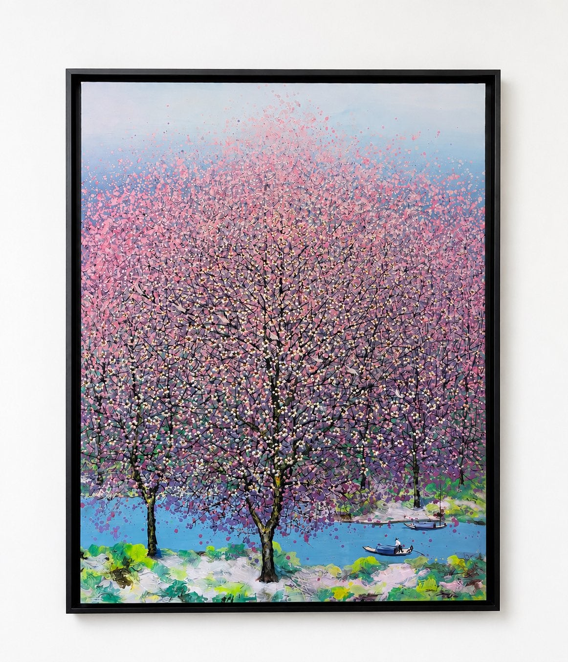 Schilderij van Je Shen: Bloesembomen aan het water, Landschap, Acrylverf, Ophalen of Verzenden, Ingelijst