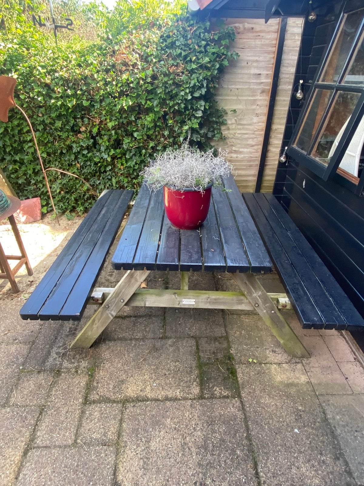 Deels zwartgebeitste picknicktafel, Ophalen, Gebruikt, Rechthoekig, Hout