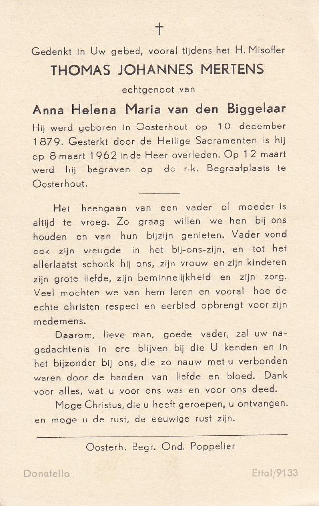 Mertens Thomas 1879 Oosterhout 1962, Ophalen of Verzenden, Bidprentje