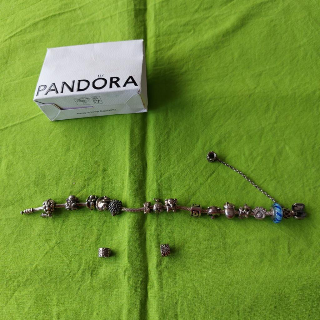 Pandora armband ,14 bedels, 2 stoppers, veiligheidketting, Ophalen, Pandora, Zo goed als nieuw, 4 bedels of meer