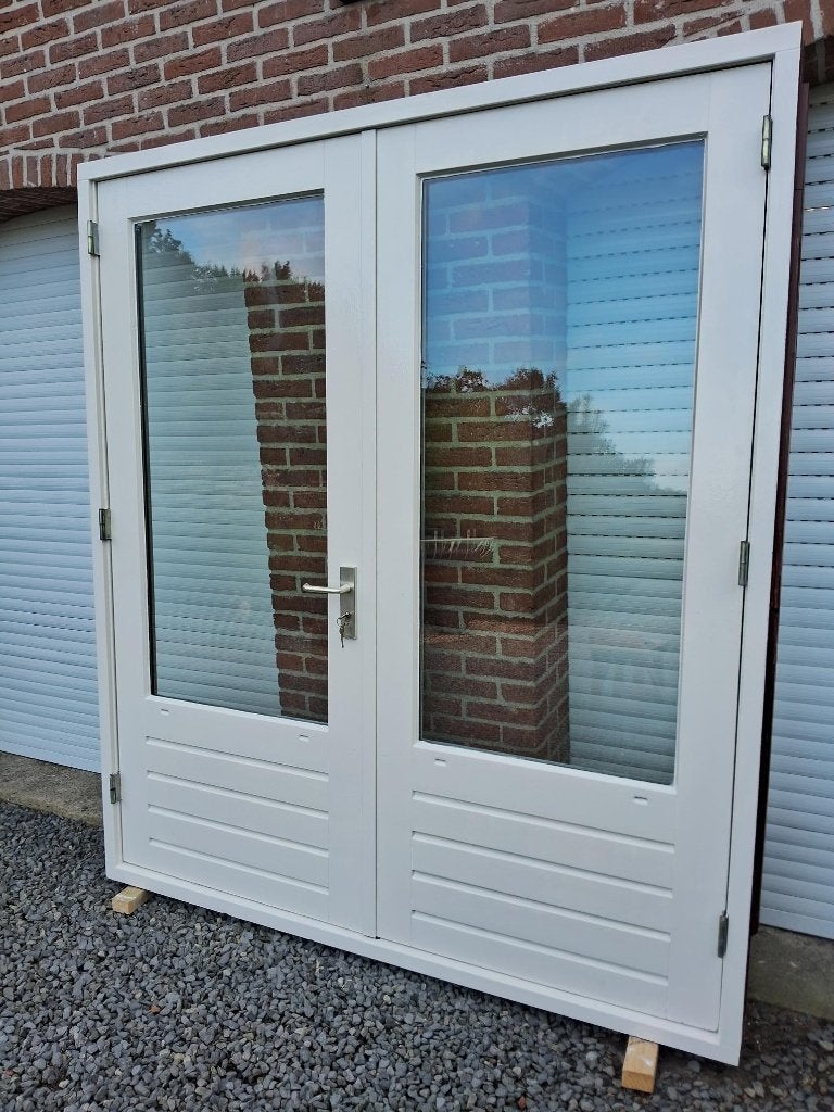 openslaande deuren, dubbele deuren, terrasdeuren, hardhout, Doe-het-zelf en Verbouw, Ophalen, Gebruikt, 120 cm of meer, Buitendeur