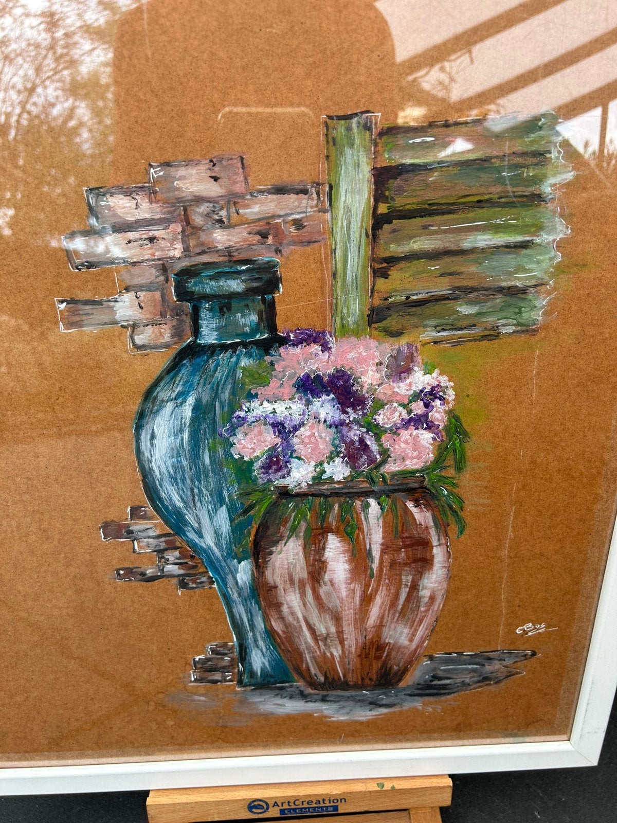 Schilderij met bloemen en vazen in witte lijst, Realistisch, Overige ondergronden, Stilleven, Ophalen of Verzenden