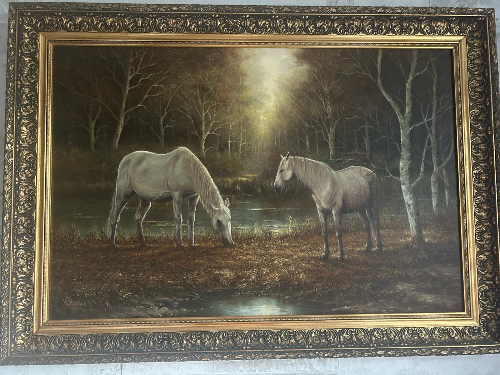 Schilderij H.C. Hokken, paarden, Antiek en Kunst, Ophalen, Doek, Dieren, Gesigneerd