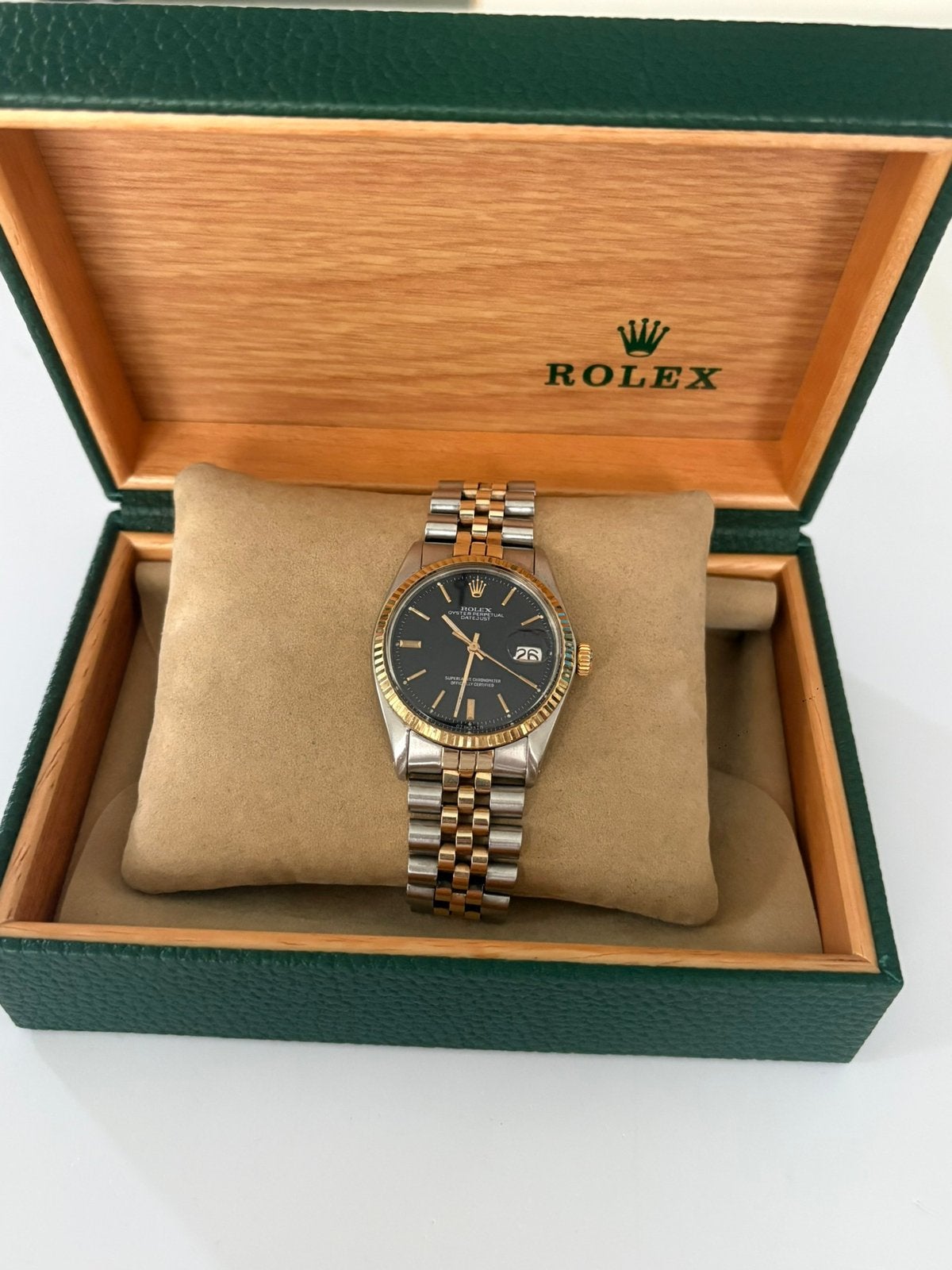 Rolex Datejust 36 – Zwarte wijzerplaat – Staal/18k goud 1976, Sieraden, Tassen en Uiterlijk, Staal, Rolex, Polshorloge, Ophalen of Verzenden