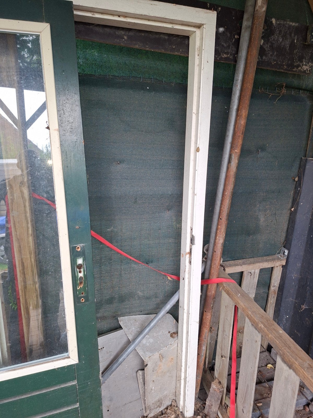 hardhouten buitendeur met dubbel glas en kozijn, Gebruikt, Deurkozijn, 150 tot 225 cm, Hout