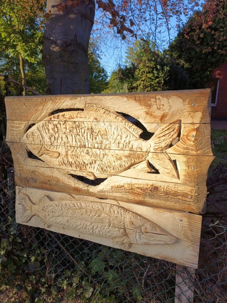 Houtsnijwerk Karper en Hecht - Unieke Vissculptuur, Ophalen of Verzenden