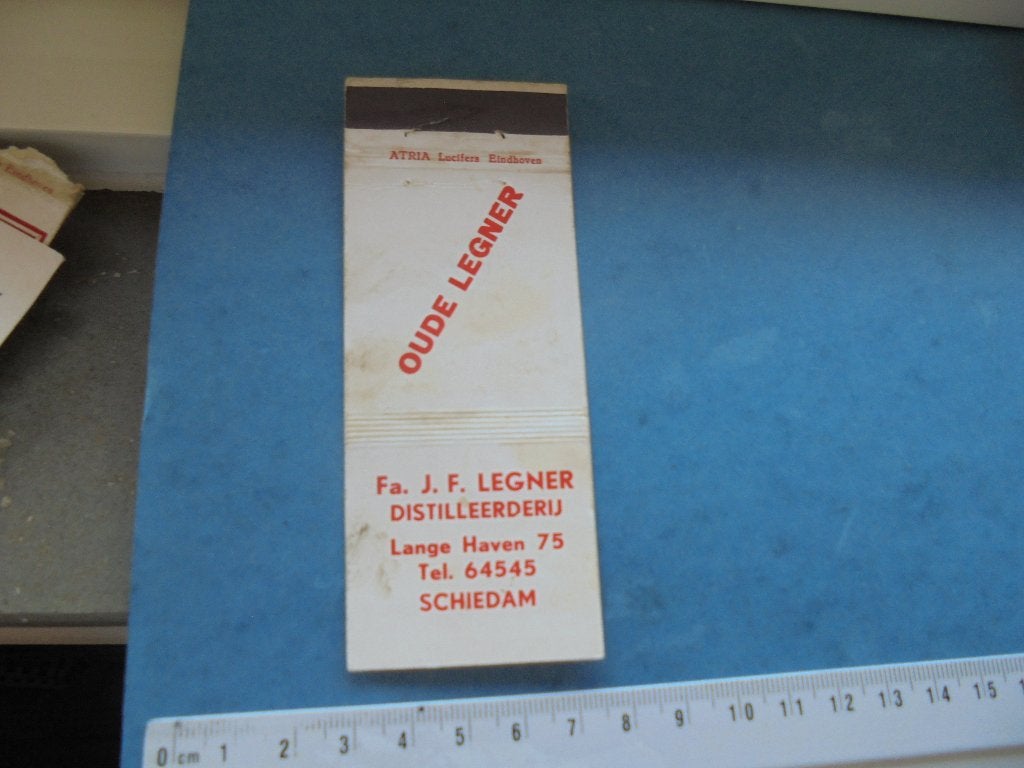 Oud lucifermerk Distilleerderij Oude Legner in SCHIEDAM, Ophalen of Verzenden, Zo goed als nieuw, Luciferdoosjes of -merken