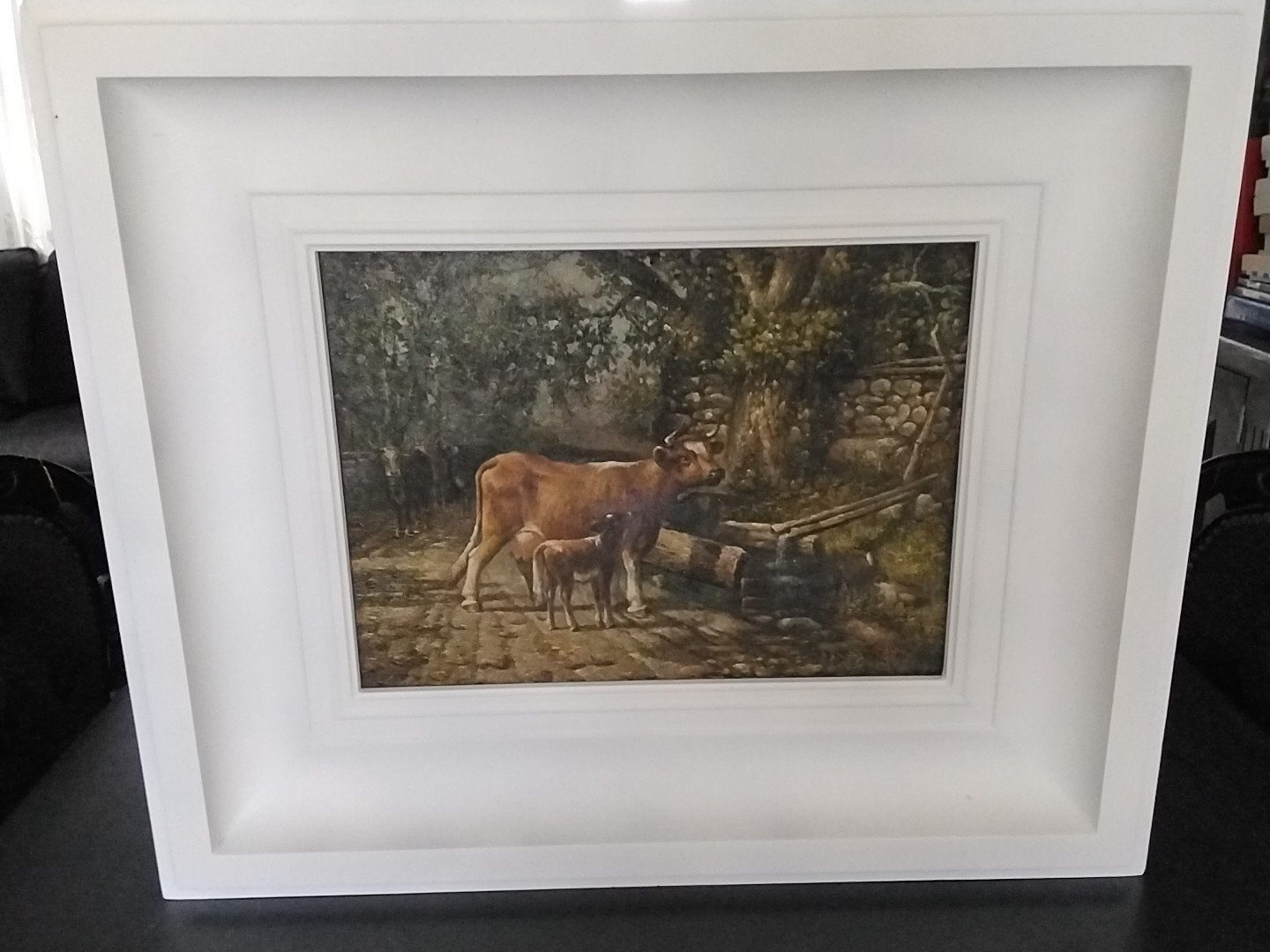 Klassiek olieverfschilderij: Koe met kalf in landschap, Antiek en Kunst, Doek, Dieren, Ophalen of Verzenden, Klassiek