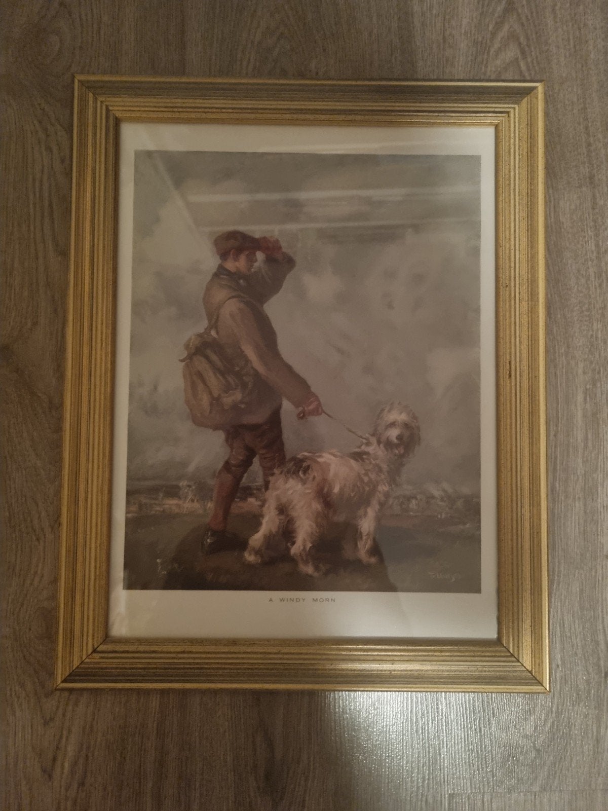 Vintage print 'A Windy Morn' met hond en jager, 50 – 75, Gebruikt, Ophalen of Verzenden, Print