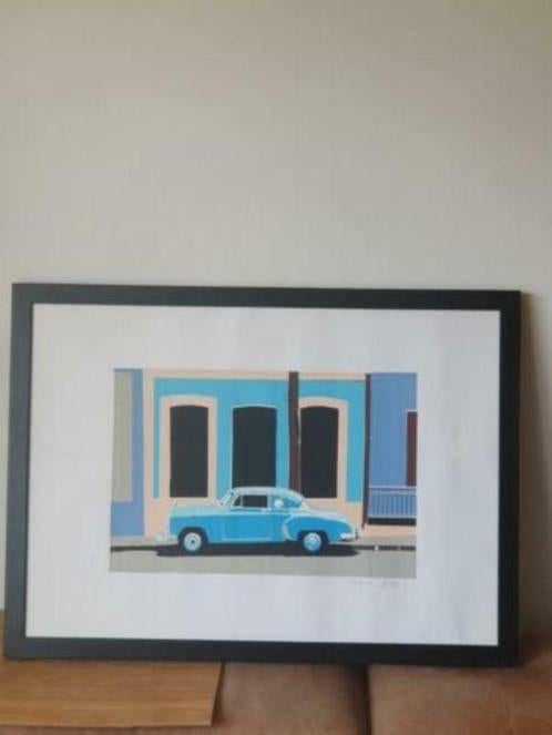 litho cuba blauwe auto blue car oldtimer gesign., Ophalen